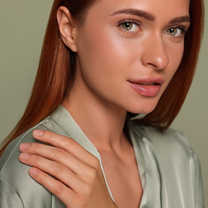 Woman with radiant skin and silky blouse.