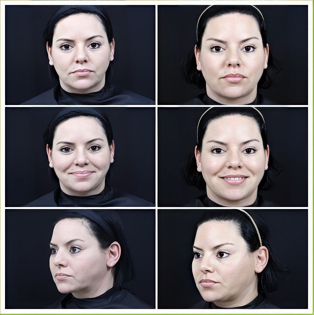 Portrait series of a woman with varied expressions.